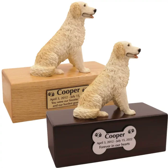 Budget dog figurine cremation urn, oak or walnut, with blond golden retriever figurine, engraved acrylic plaque