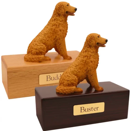 Budget dog figurine cremation urn, oak or walnut, with golden retriever figurine, engraved brass plaque