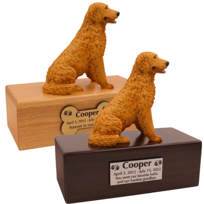 Budget dog figurine cremation urn, oak or walnut, with golden retriever figurine, engraved acrylic plaque