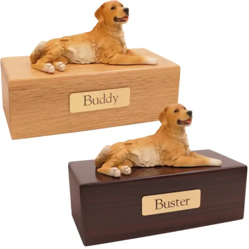 Budget dog figurine cremation urn, oak or walnut, with laying golden retriever figurine, engraved brass plaque