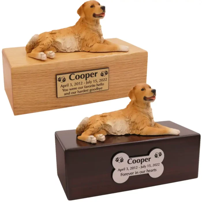 Budget dog figurine cremation urn, oak or walnut, with laying golden retriever figurine, engraved acrylic plaque