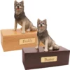 Budget dog figurine cremation urn, oak or walnut, with husky figurine, engraved brass plaque