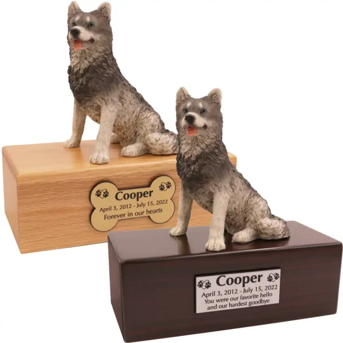 Budget dog figurine cremation urn, oak or walnut, with husky figurine, engraved acrylic plaque