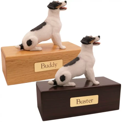 Budget dog figurine cremation urn, oak or walnut, with jack russell terrier figurine, engraved brass plaque