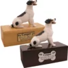 Budget dog figurine cremation urn, oak or walnut, with jack russell terrier figurine, engraved acrylic plaque