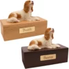 Budget dog figurine cremation urn, oak or walnut, with king charles spaniel figurine, engraved brass plaque