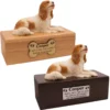 Budget dog figurine cremation urn, oak or walnut, with king charles spaniel figurine, engraved acrylic plaque