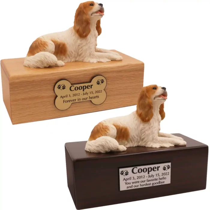 Budget dog figurine cremation urn, oak or walnut, with king charles spaniel figurine, engraved acrylic plaque