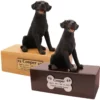 Budget dog figurine cremation urn, oak or walnut, with black labrador retriever figurine, engraved acrylic plaque