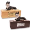 Value Line budget dog figurine cremation urn, oak or walnut, with Boston Terrier figurine, engraved acrylic plaque