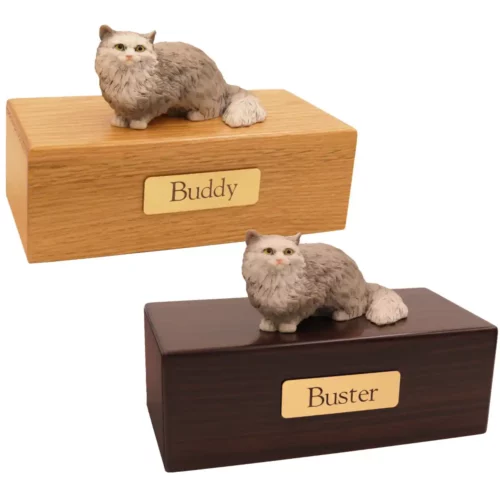 Budget cat figurine cremation urn, oak or walnut, with gray angora cat figurine, engraved brass plaque