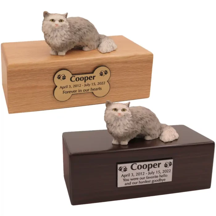 Budget cat figurine cremation urn, oak or walnut, with gray angora cat figurine, engraved acrylic plaque