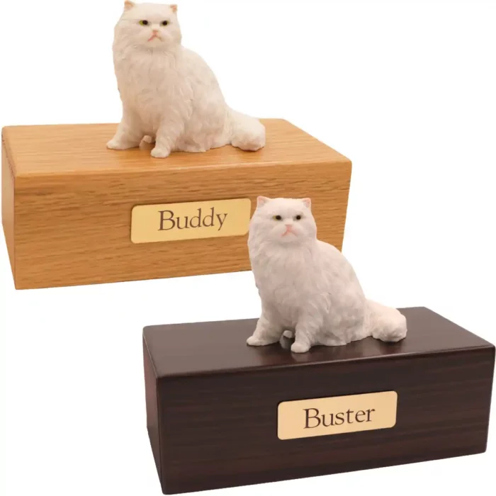 Budget cat figurine cremation urn, oak or walnut, with white persian cat figurine, engraved brass plaque