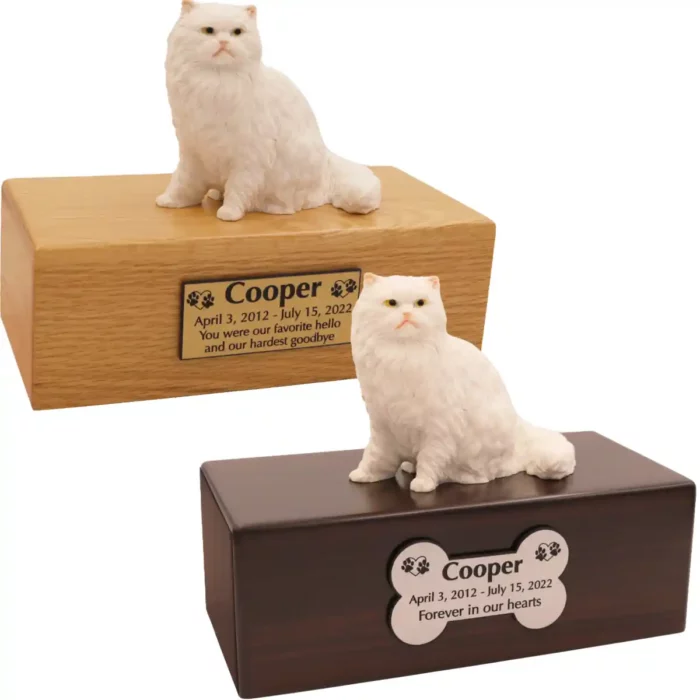 Budget cat figurine cremation urn, oak or walnut, with white persian cat figurine, engraved acrylic plaque