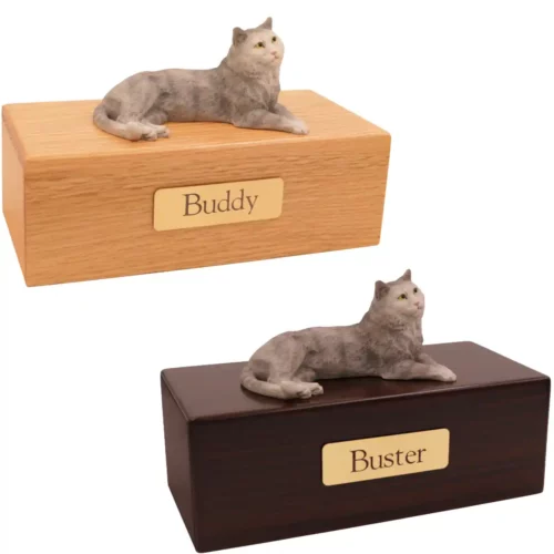 Budget cat figurine cremation urn, oak or walnut, with gray tabby figurine, engraved brass plaque