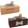 Budget cat figurine cremation urn, oak or walnut, with gray tabby figurine, engraved acrylic plaque