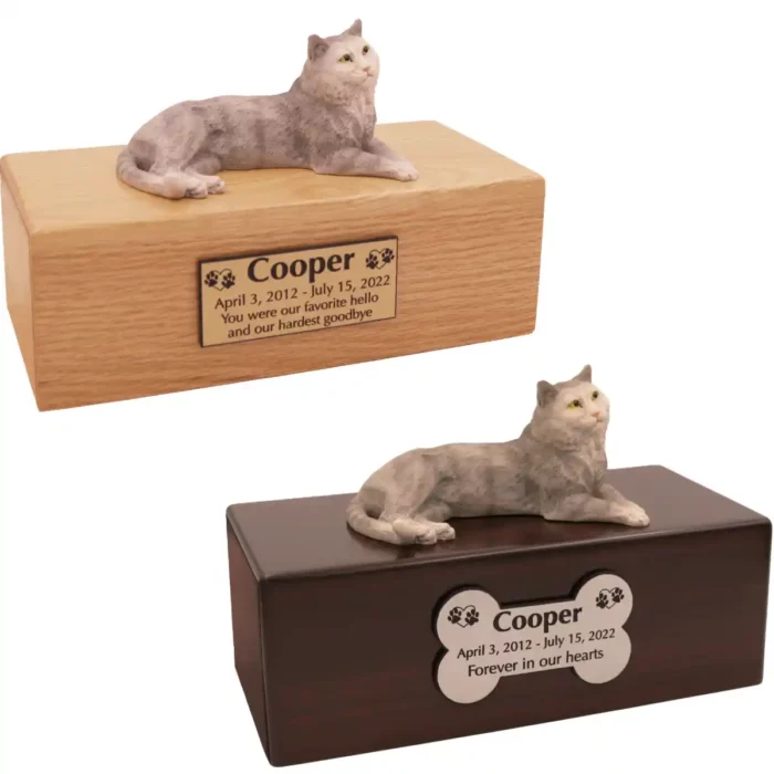 Budget cat figurine cremation urn, oak or walnut, with gray tabby figurine, engraved acrylic plaque
