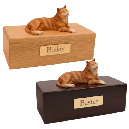 Budget cat figurine cremation urn, oak or walnut, with orange tabby figurine, engraved brass plaque