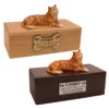 Budget cat figurine cremation urn, oak or walnut, with orange tabby figurine, engraved acrylic plaque