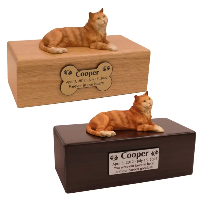 Budget cat figurine cremation urn, oak or walnut, with orange tabby figurine, engraved acrylic plaque