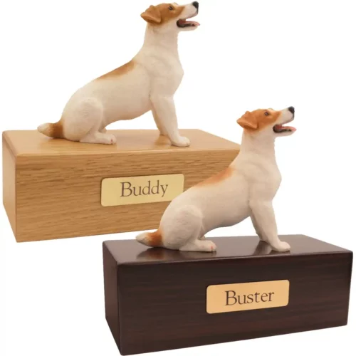 Budget dog figurine cremation urn, oak or walnut, with Jack Russell Terrier figurine, engraved brass plaque