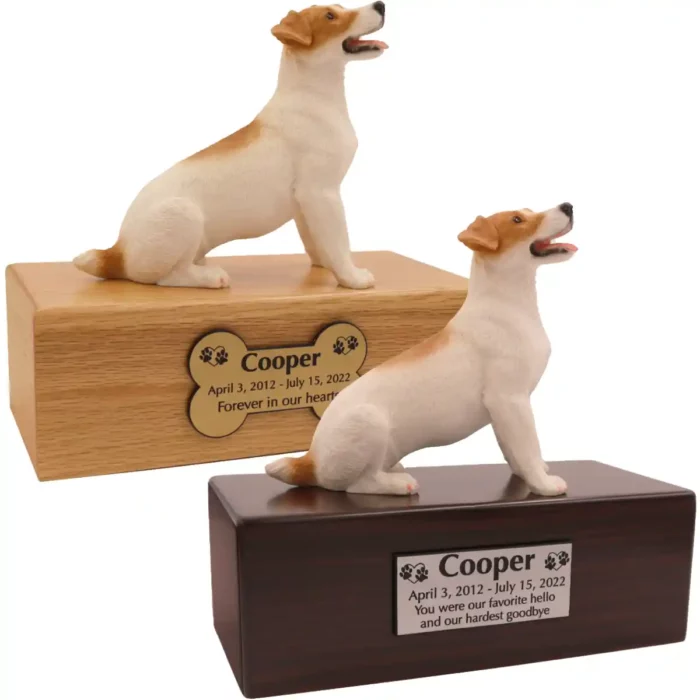 Budget dog figurine cremation urn, oak or walnut, with Jack Russell Terrier figurine, engraved acrylic plaque