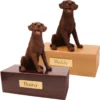 Budget dog figurine cremation urn, oak or walnut, with sitting Chocolate Labrador figurine, engraved brass plaque