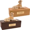 Budget dog figurine cremation urn, oak or walnut, with laying Yellow Labrador figurine, engraved brass plaque