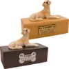 Budget dog figurine cremation urn, oak or walnut, with laying Yellow Labrador figurine, engraved acrylic plaque