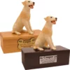 Budget dog figurine cremation urn, oak or walnut, with sitting yellow Labrador figurine, engraved acrylic plaque