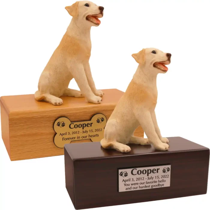 Budget dog figurine cremation urn, oak or walnut, with sitting yellow Labrador figurine, engraved acrylic plaque