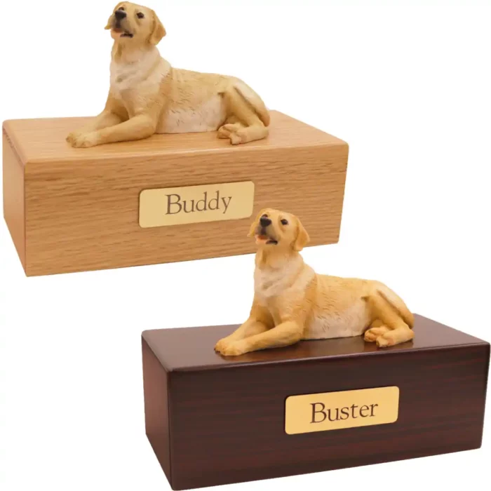 Budget dog figurine cremation urn, oak or walnut, with laying Golden Labrador figurine, engraved brass plaque