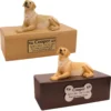 Budget dog figurine cremation urn, oak or walnut, with laying Golden Labrador figurine, engraved acrylic plaque