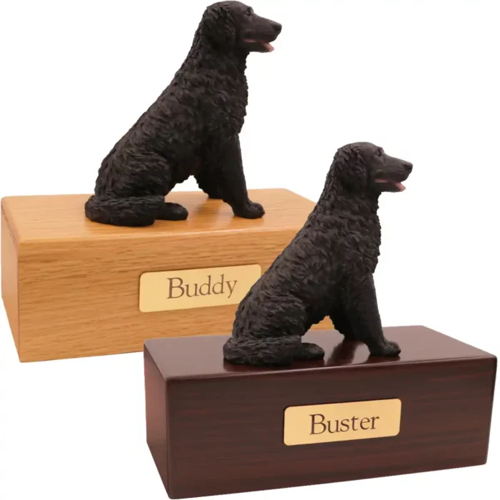 Budget dog figurine cremation urn, oak or walnut, with sitting Long-Haired Black Labrador figurine, engraved brass plaque