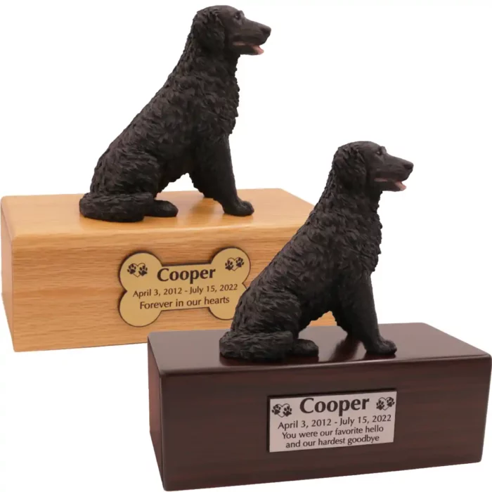 Budget dog figurine cremation urn, oak or walnut, with sitting Long-Haired Black Labrador figurine, engraved acrylic plaque