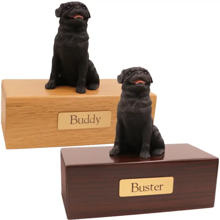 Budget dog figurine cremation urn, oak or walnut, with sitting black Pug figurine, engraved brass plaque