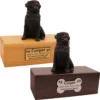 Budget dog figurine cremation urn, oak or walnut, with sitting black Pug figurine, engraved acrylic plaque