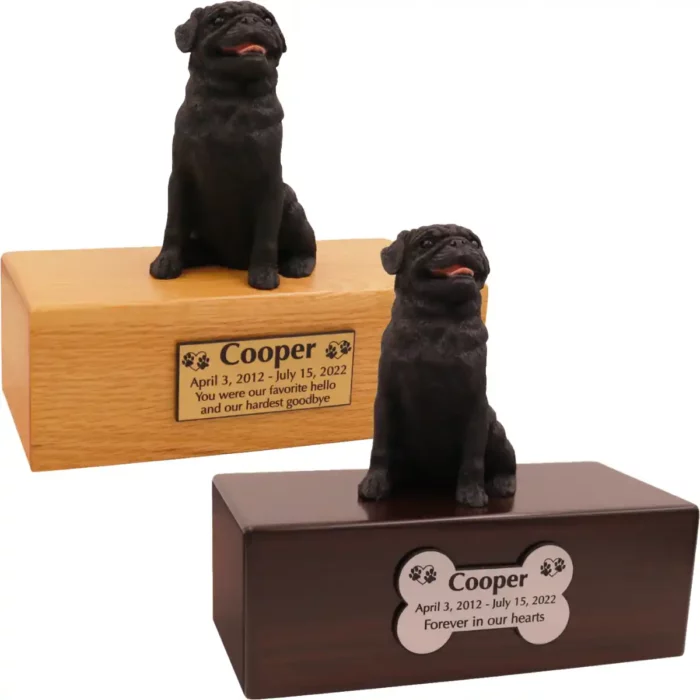 Budget dog figurine cremation urn, oak or walnut, with sitting black Pug figurine, engraved acrylic plaque