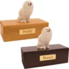 Budget dog figurine cremation urn, oak or walnut, with sitting white Pomeranian figurine, engraved brass plaque