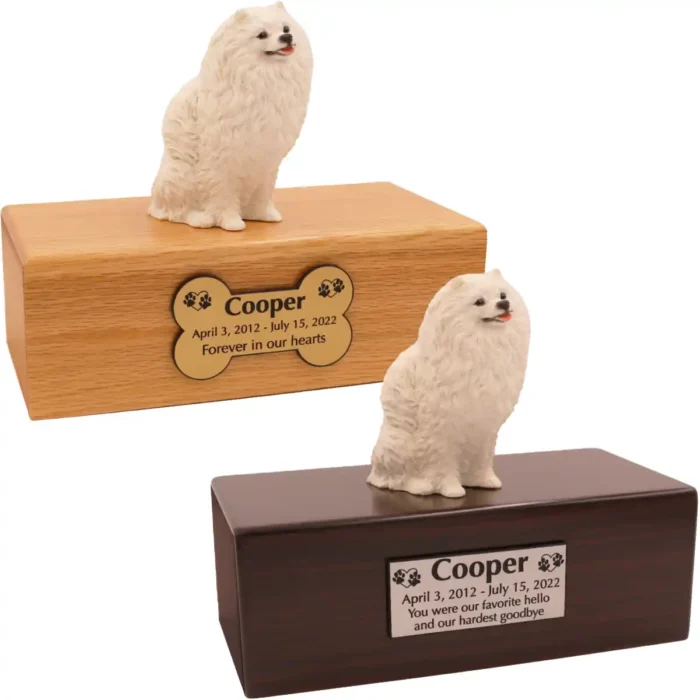 Budget dog figurine cremation urn, oak or walnut, with sitting white Pomeranian figurine, engraved acrylic plaque