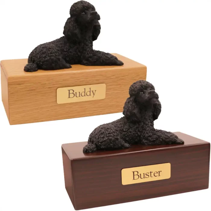 Budget dog figurine cremation urn, oak or walnut, with laying black Poodle figurine, engraved brass plaque