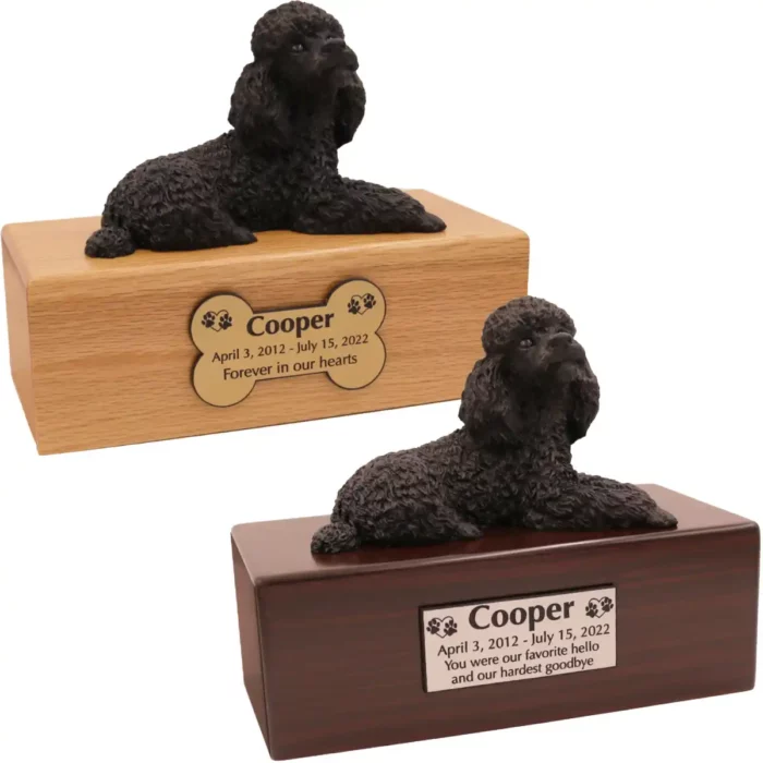 Budget dog figurine cremation urn, oak or walnut, with laying black Poodle figurine, engraved acrylic plaque