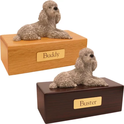 Budget dog figurine cremation urn, oak or walnut, with laying gray Poodle figurine, engraved brass plaque