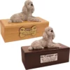 Budget dog figurine cremation urn, oak or walnut, with laying gray Poodle figurine, engraved acrylic plaque