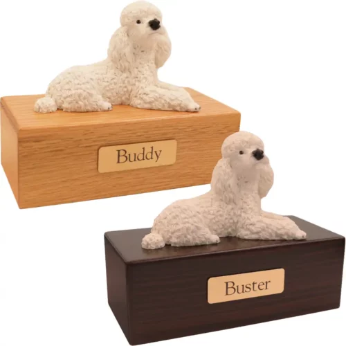 Budget dog figurine cremation urn, oak or walnut, with laying White Poodle figurine, engraved brass plaque