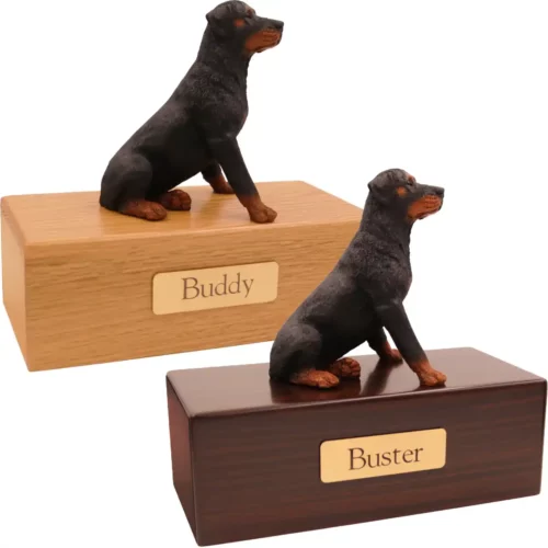 Budget dog figurine cremation urn, oak or walnut, with sitting Rottweiler figurine, engraved brass plaque