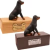 Budget dog figurine cremation urn, oak or walnut, with sitting Rottweiler figurine, engraved acrylic plaque
