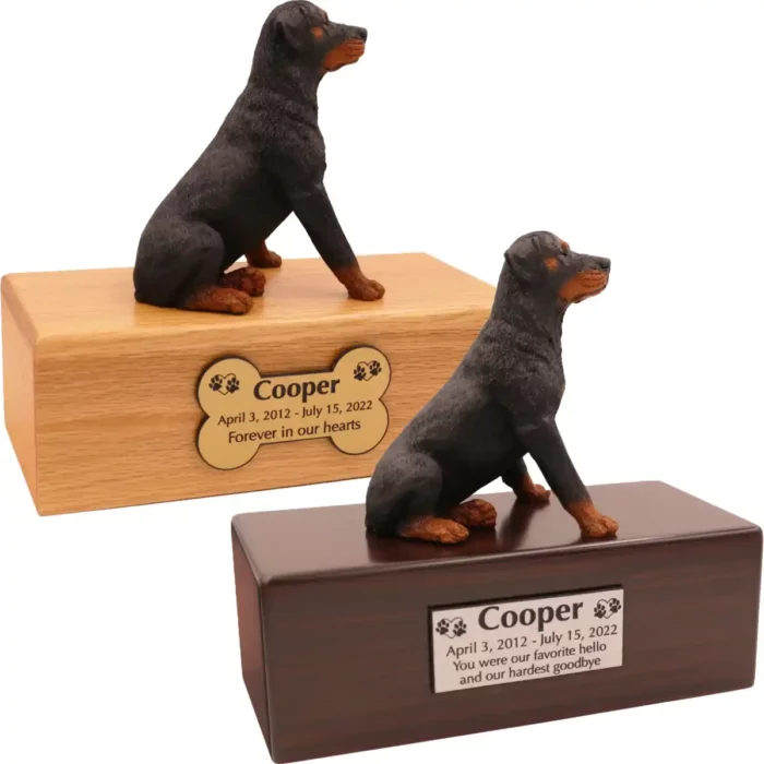 Budget dog figurine cremation urn, oak or walnut, with sitting Rottweiler figurine, engraved acrylic plaque