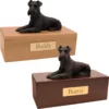 Budget dog figurine cremation urn, oak or walnut, with laying black schnauzer figurine, engraved brass plaque