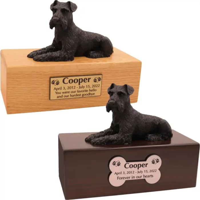 Budget dog figurine cremation urn, oak or walnut, with laying black schnauzer figurine, engraved acrylic plaque